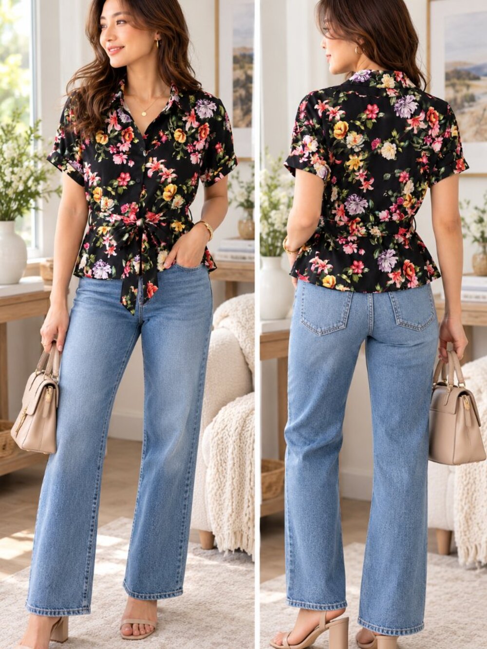 Zara Floral Tie Waist Button Front Blouse Black Pink Size M